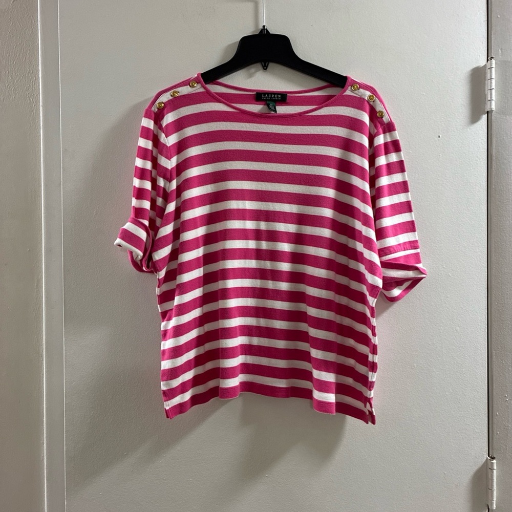 Ralph Lauren Pink‎ & White Striped Short-Sleeve Boatneck Top with Gold Buttons